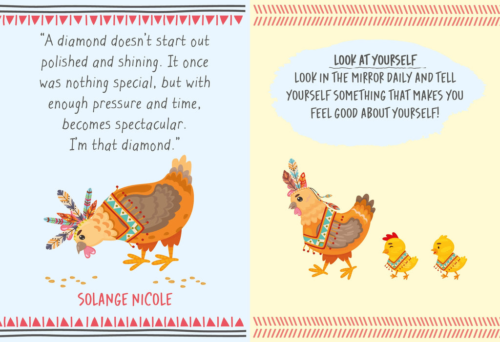 Illustrated pages from Badass Mother Clucker with motivational quotes and colourful chicken characters.