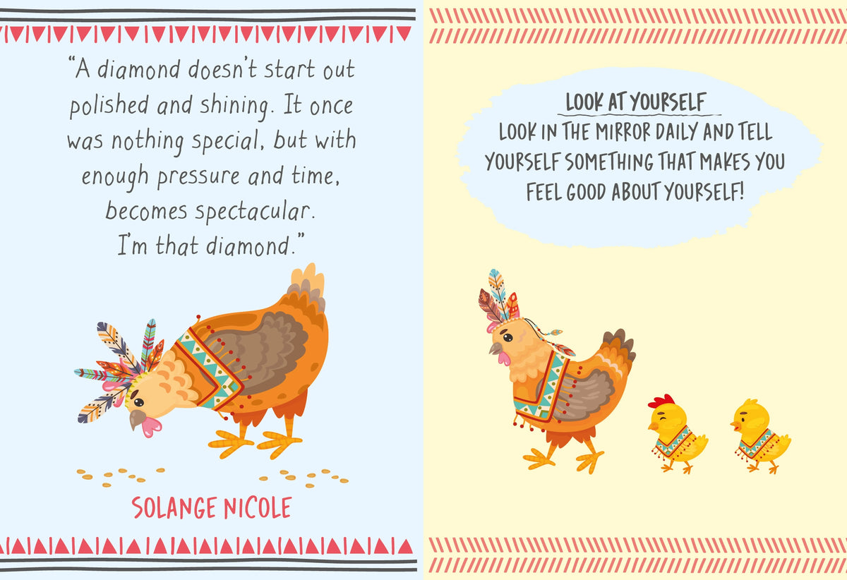 Illustrated pages from Badass Mother Clucker with motivational quotes and colourful chicken characters.