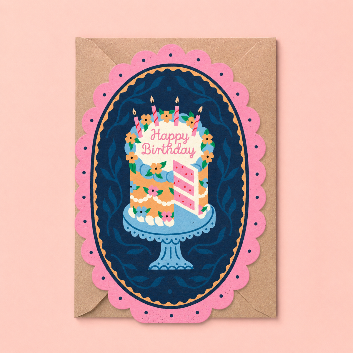 Colourful birthday card featuring a floral celebration cake with candles, pink scalloped border and Happy Birthday message.
