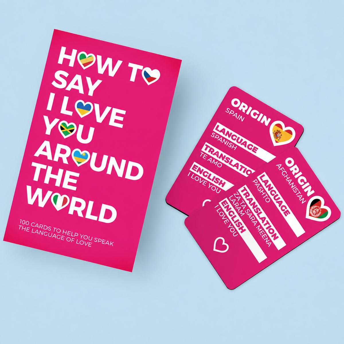 Pink boxed set of 100 How to Say I Love You Around the World language cards.