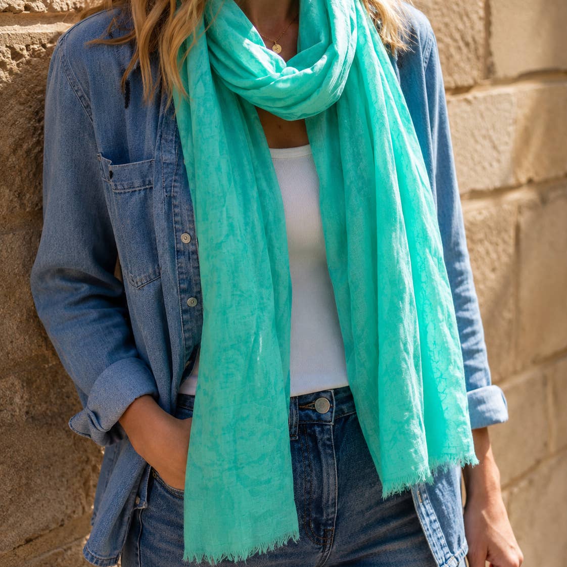 Fresh aqua green bird print scarf bringing a gorgeous splash of colour to a relaxed denim look.