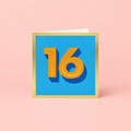Square 16th birthday card with orange number 16 on a bright blue background, finished with a gold foil border.