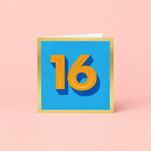 Square 16th birthday card with orange number 16 on a bright blue background, finished with a gold foil border.