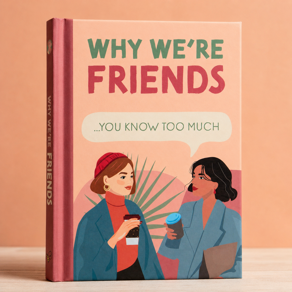 Why We’re Friends illustrated hardback friendship book with peach, pink, green and blue cover.
