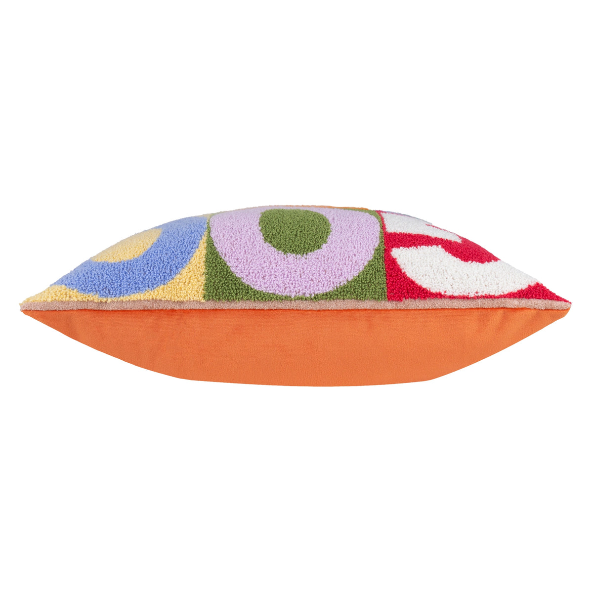 Side view of Good Times tufted cushion showing the textured front and contrasting orange reverse.