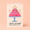 Colourful birthday card featuring a towering pink jelly with striped candles, golden stars and Happy Birthday message.