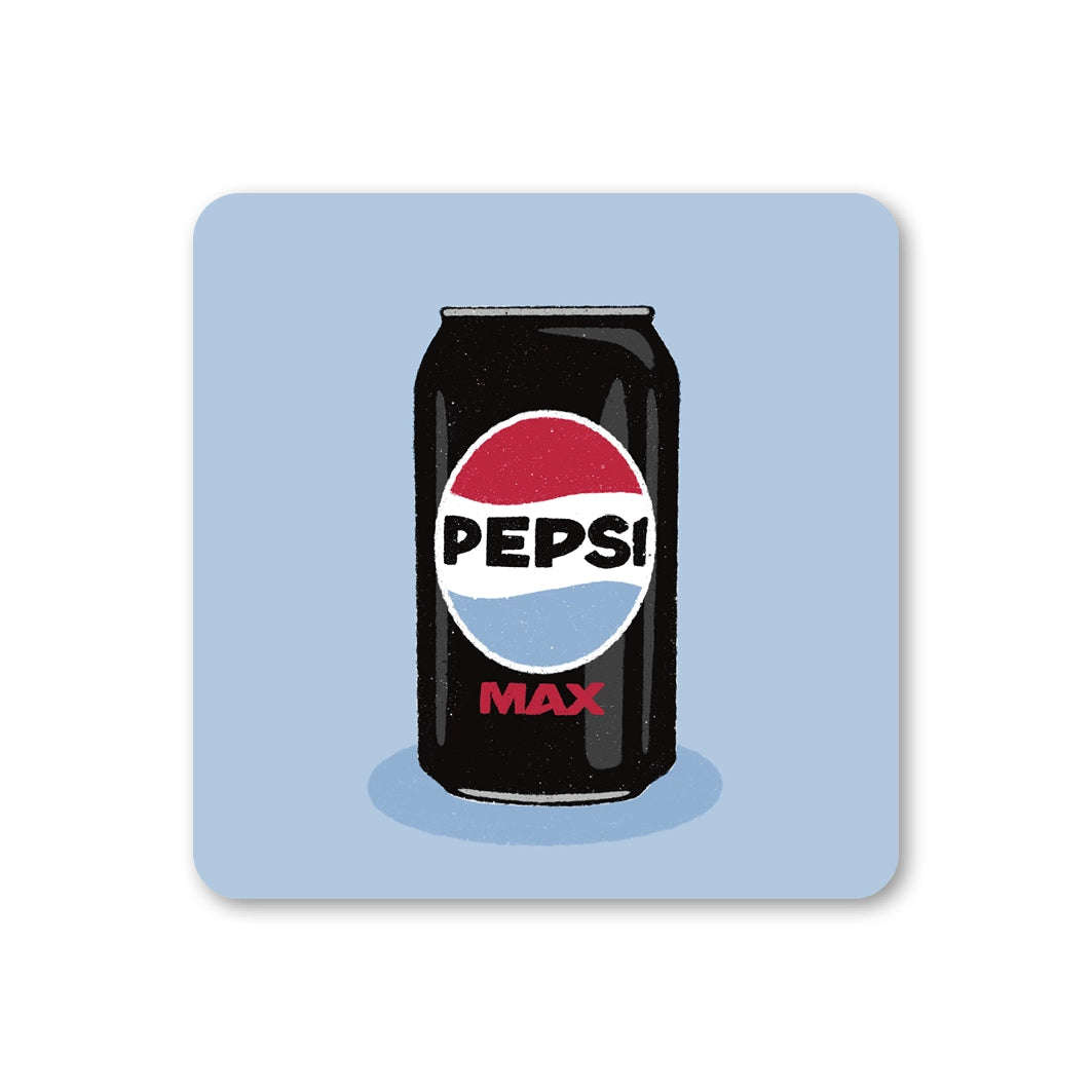 Pale blue square coaster with rounded corners featuring an illustrated black can of Pepsi Max.