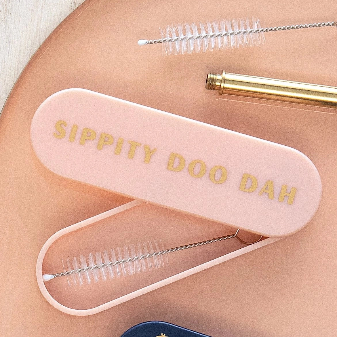 Open pink Sippity Doo Dah case with stainless steel reusable straw and cleaning brush.