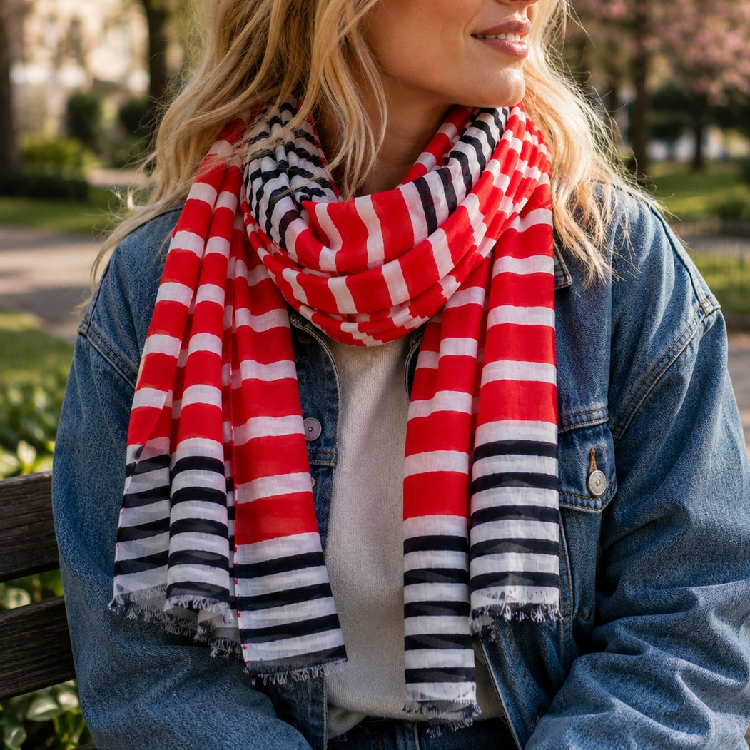 Striking red, white and navy striped scarf adding a joyful splash of colour to a relaxed denim jacket outfit.