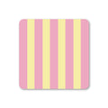 Square coaster with rounded corners featuring bold vertical stripes in candy pink and pale butter yellow.