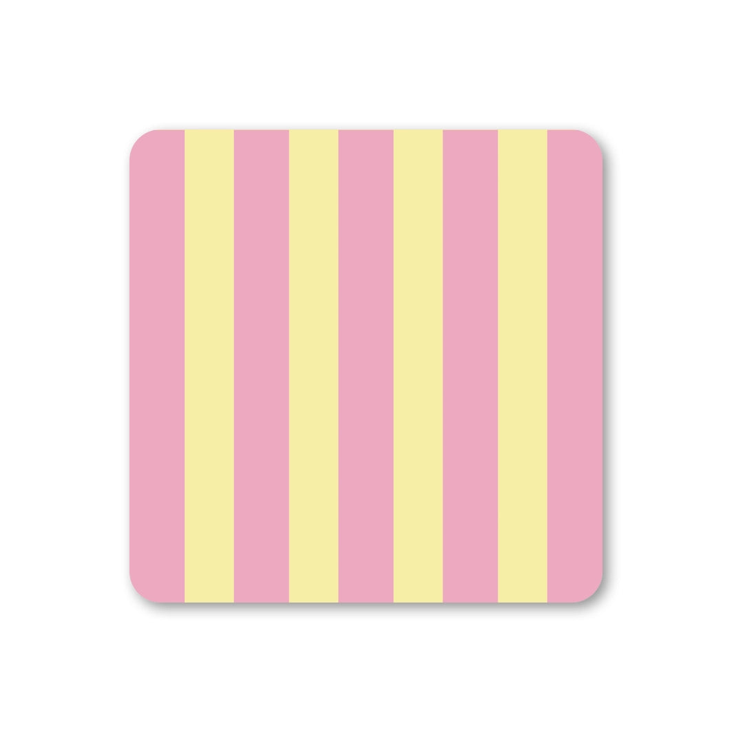 Square coaster with rounded corners featuring bold vertical stripes in candy pink and pale butter yellow.