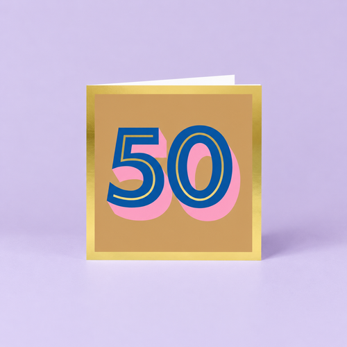 Colourful 50th birthday card with large blue number 50, pink shadow detail, warm gold background and metallic gold foil border.