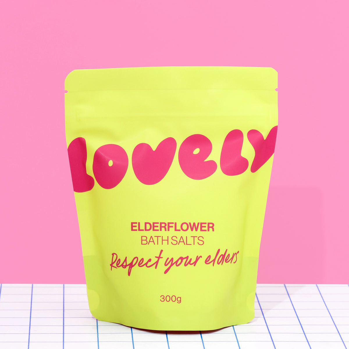 300g Elderflower Bath Salts in colourful yellow and pink Respect Your Elders packaging.