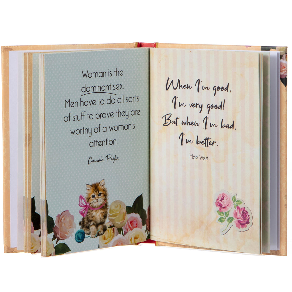 Open Pussy Power book showing powerful female quotes with vintage kitten and floral illustrations.