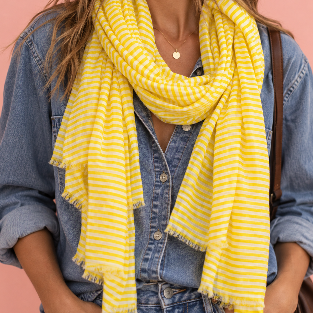 Woman wearing a yellow and white striped cotton scarf with a denim shirt against a soft pink background.