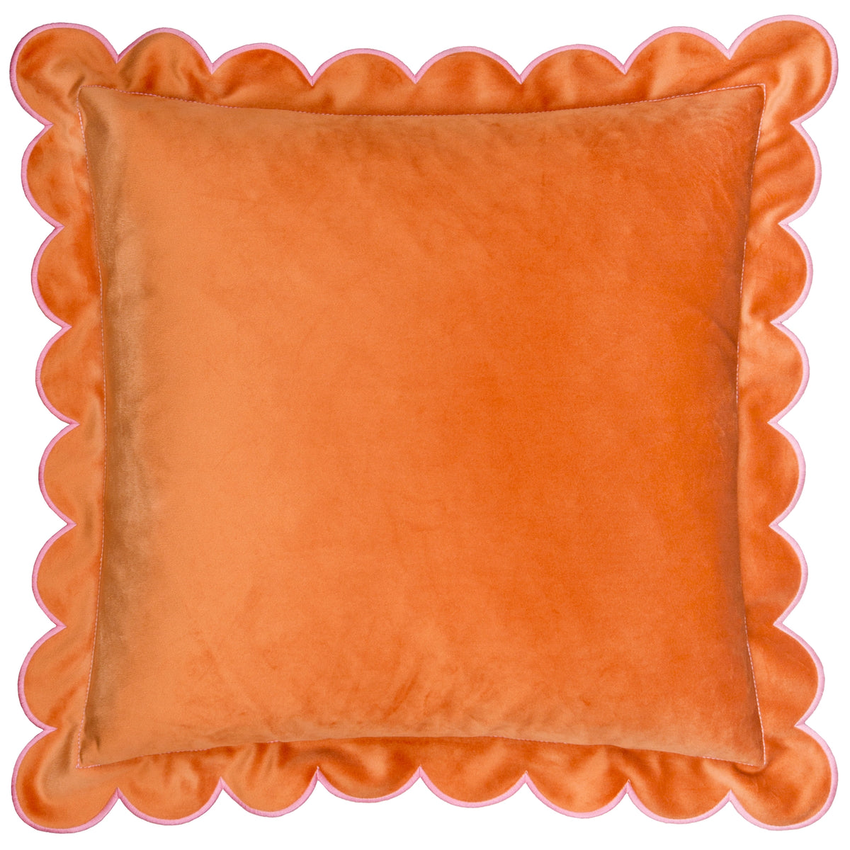 Square orange velvet cushion with soft finish, scalloped border and contrasting pink stitching.