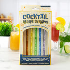 Boxed set of six colourful glass cocktail recipe straws with printed ingredient measurements.