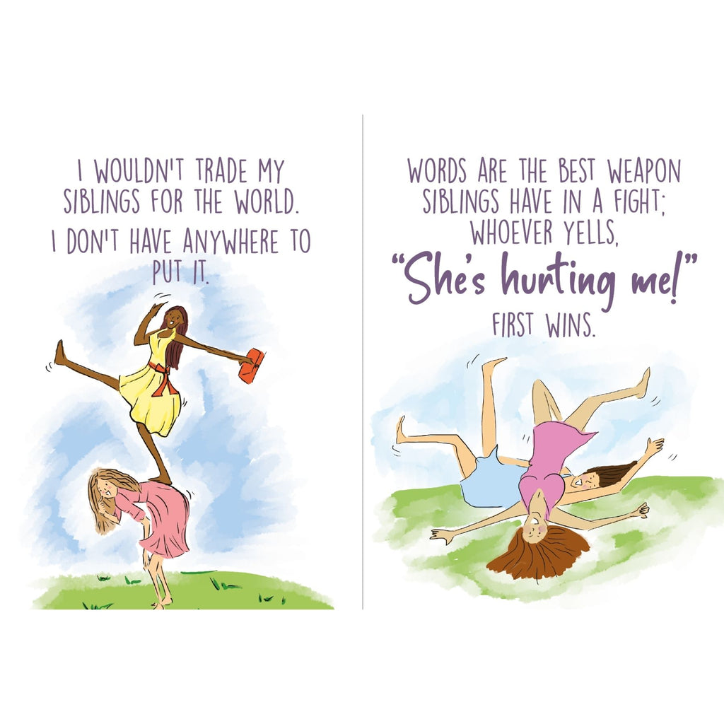 Inside Sister My Best Friend book with funny illustrated sayings about siblings arguing and supporting each other.