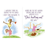 Inside Sister My Best Friend book with funny illustrated sayings about siblings arguing and supporting each other.