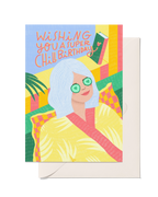 Bright illustrated birthday card featuring a relaxed woman with cucumber eye masks and Wishing You A Super Chill Birthday message.
