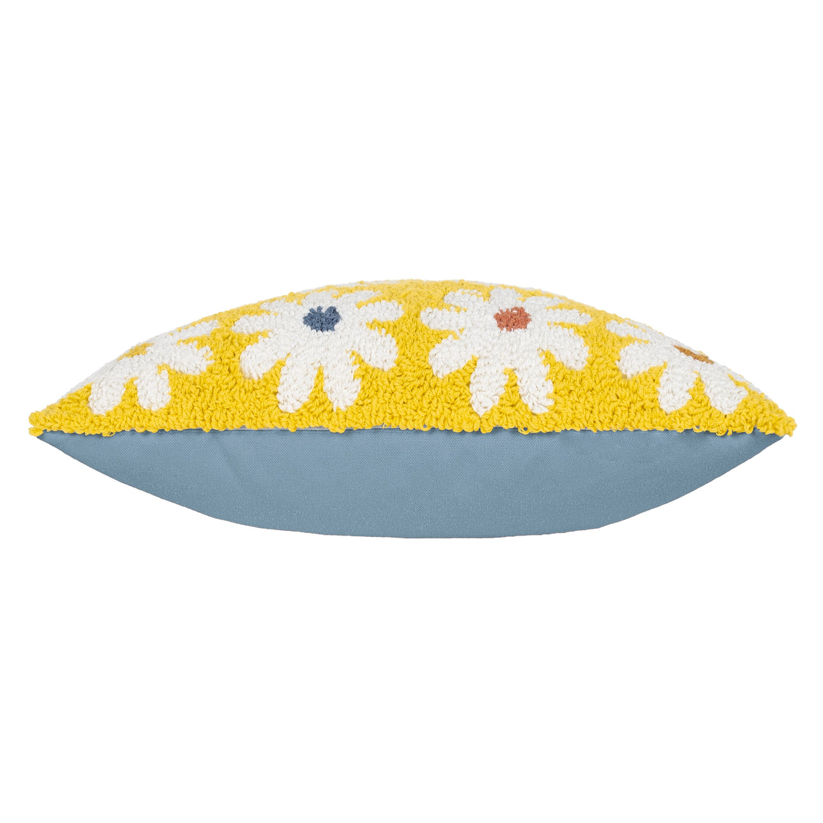 Side view of yellow daisy tufted cushion showing the contrasting plain blue reverse.