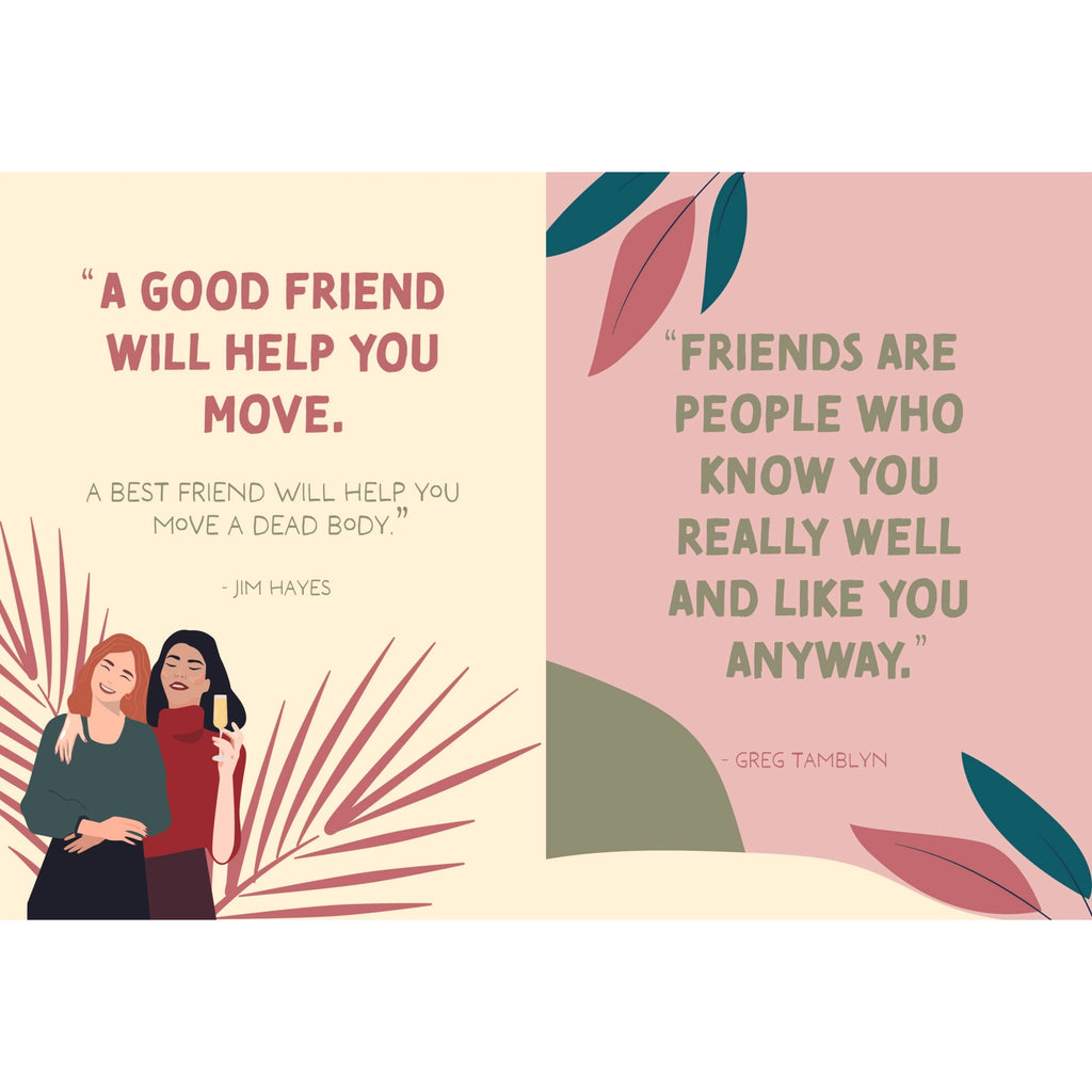 Illustrated friendship quotes inside the Why We’re Friends gift book in pink, cream and green.