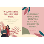 Illustrated friendship quotes inside the Why We’re Friends gift book in pink, cream and green.