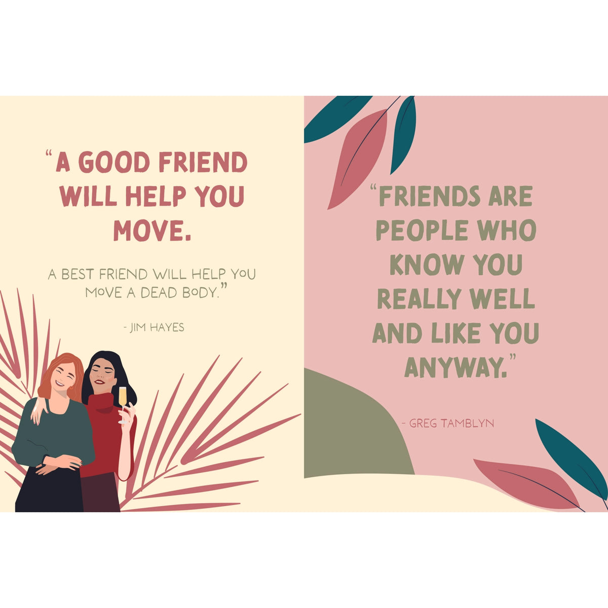 Illustrated friendship quotes inside the Why We’re Friends gift book in pink, cream and green.