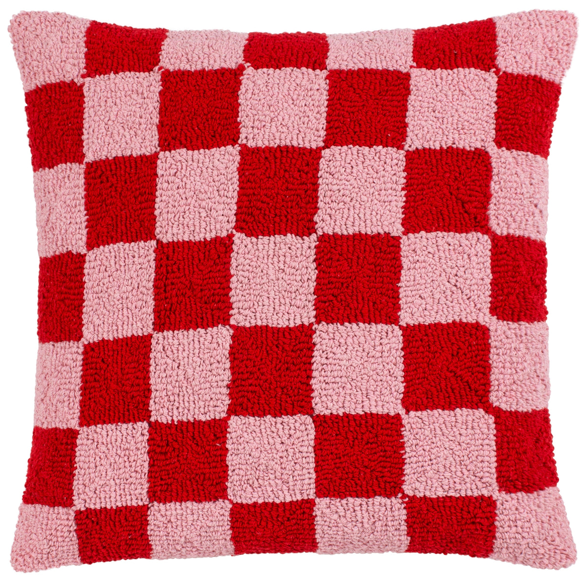 Square pink and red checkerboard cushion with soft loop tufted cotton texture.