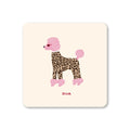 Cream square coaster featuring a pink poodle with a leopard print body and the word Diva underneath.