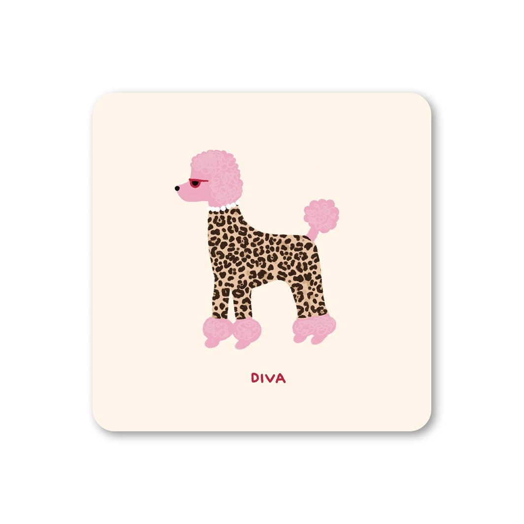 Cream square coaster featuring a pink poodle with a leopard print body and the word Diva underneath.