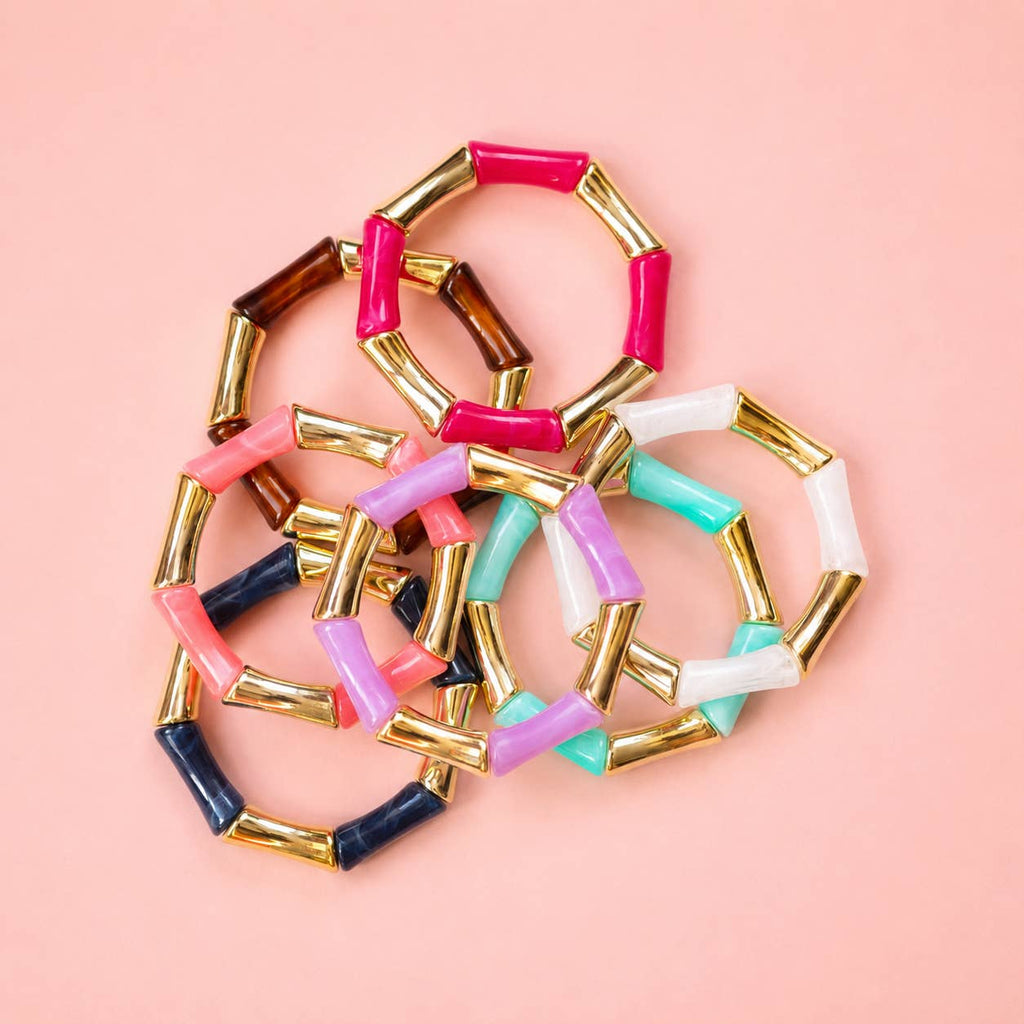 Hot Pink and Gold Acrylic Bamboo Stretch Bracelet