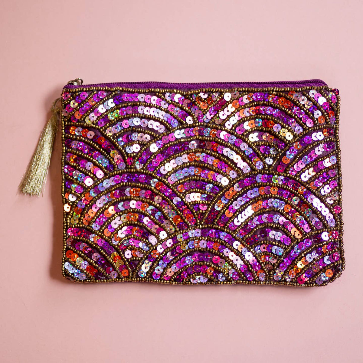 Pink Multi Sequin Wave Zip Pouch