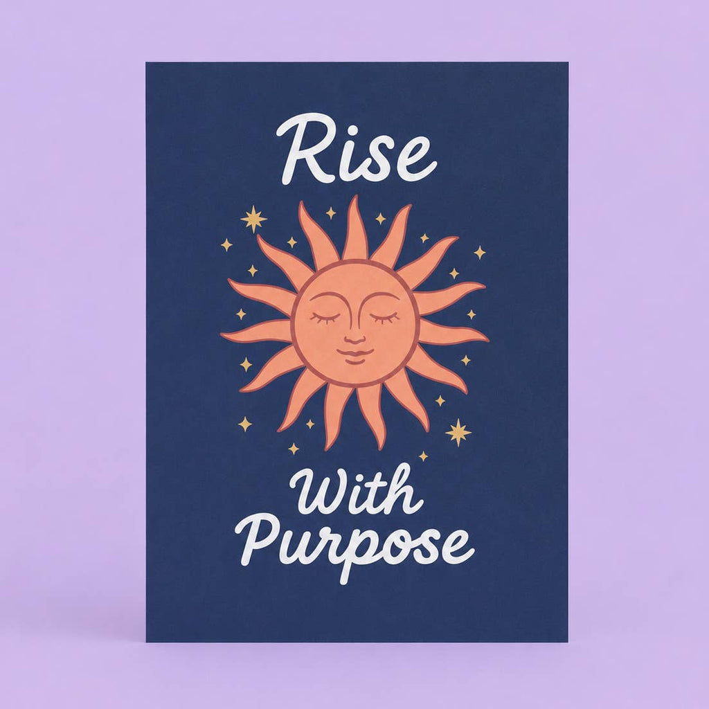 Uplifting Rise With Purpose A5 art print with a warm peach celestial sun and golden stars on a rich navy background.