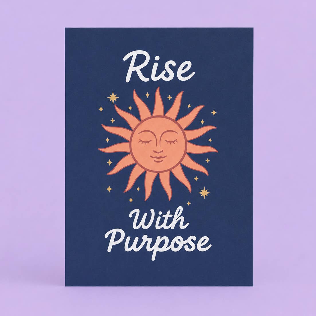 Uplifting Rise With Purpose A5 art print with a warm peach celestial sun and golden stars on a rich navy background.