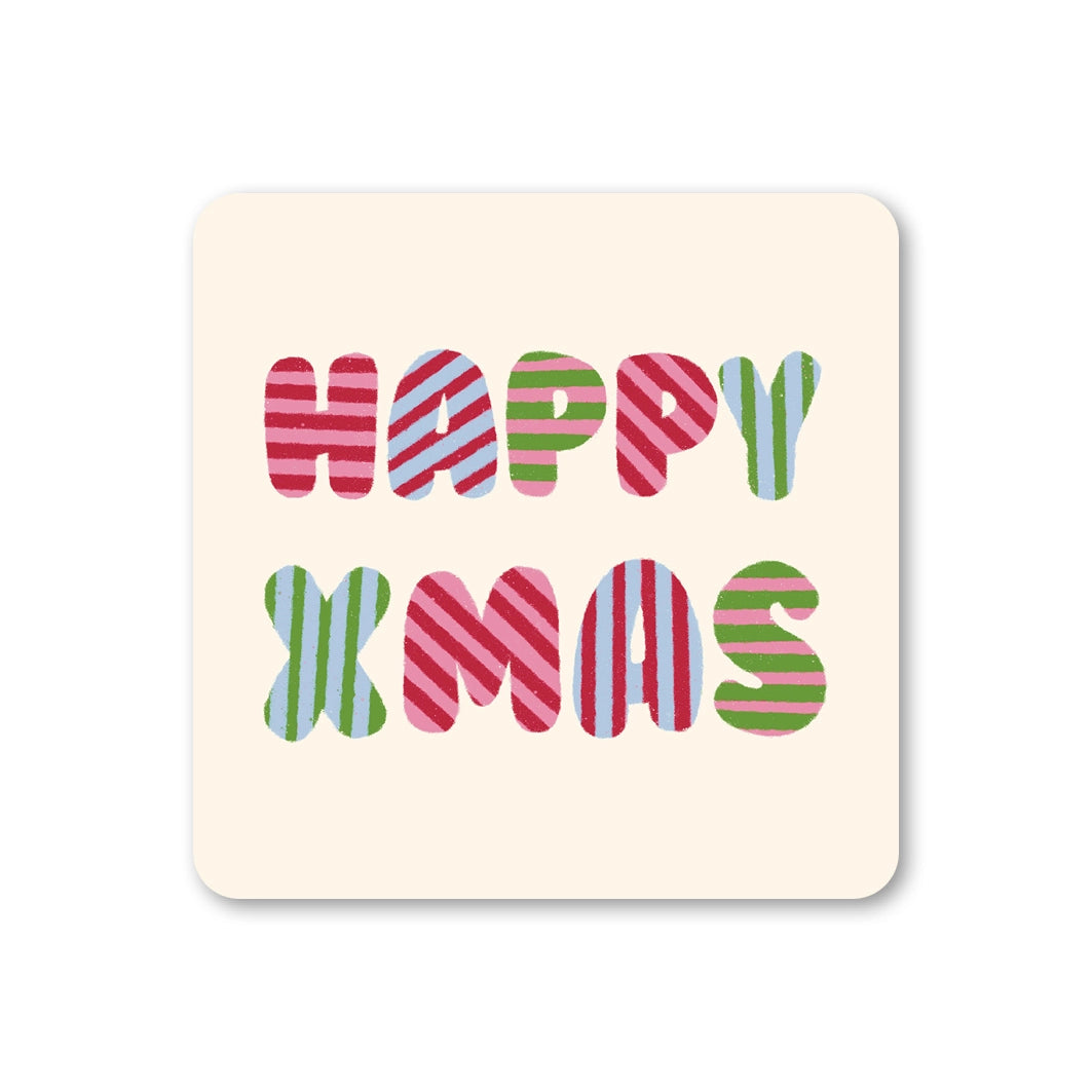Cream square coaster with rounded corners featuring colourful striped lettering reading Happy Xmas.