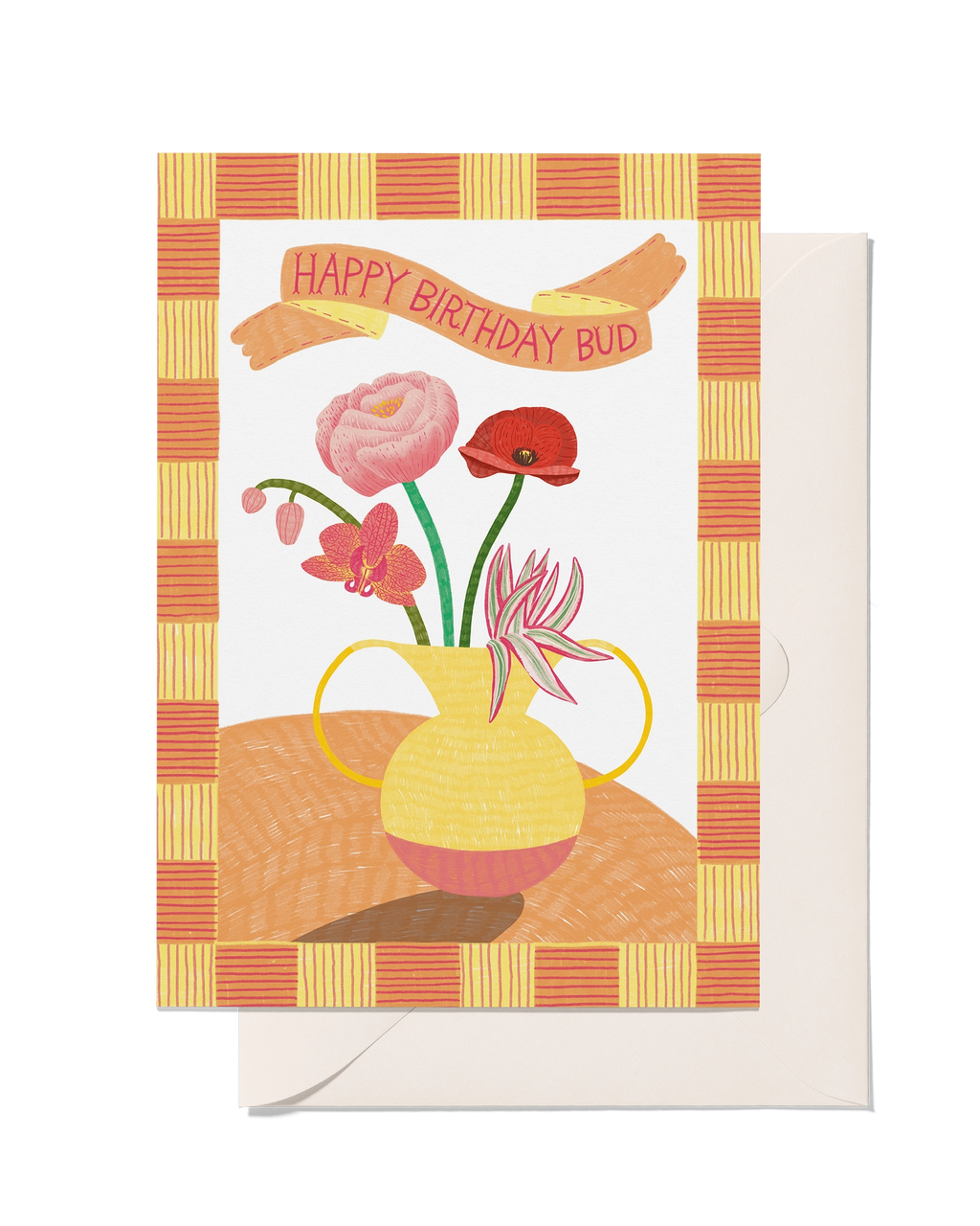 Happy Birthday Bud greeting card with pink and red flowers in a yellow vase and a colourful checked border.