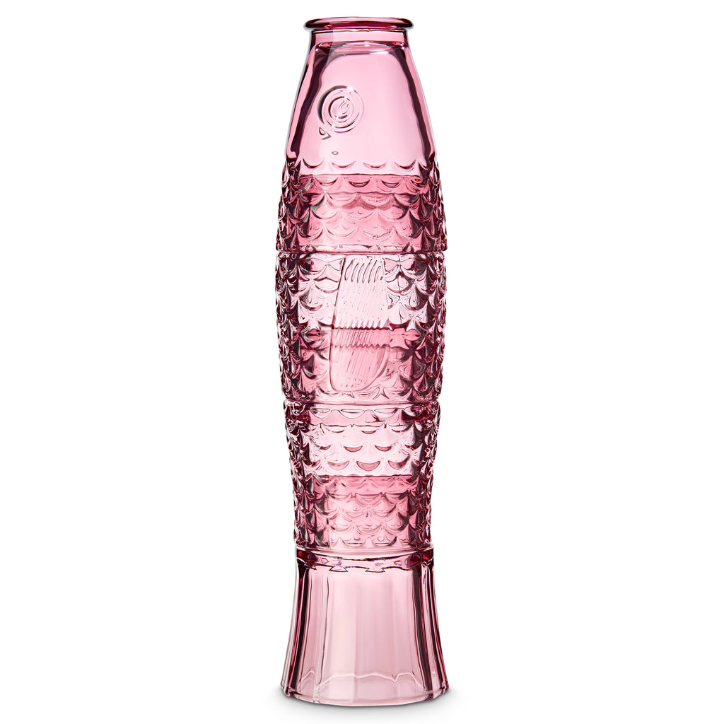 Four pink glass tumblers stacked together to create a tall textured fish.