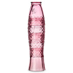 Four pink glass tumblers stacked together to create a tall textured fish.