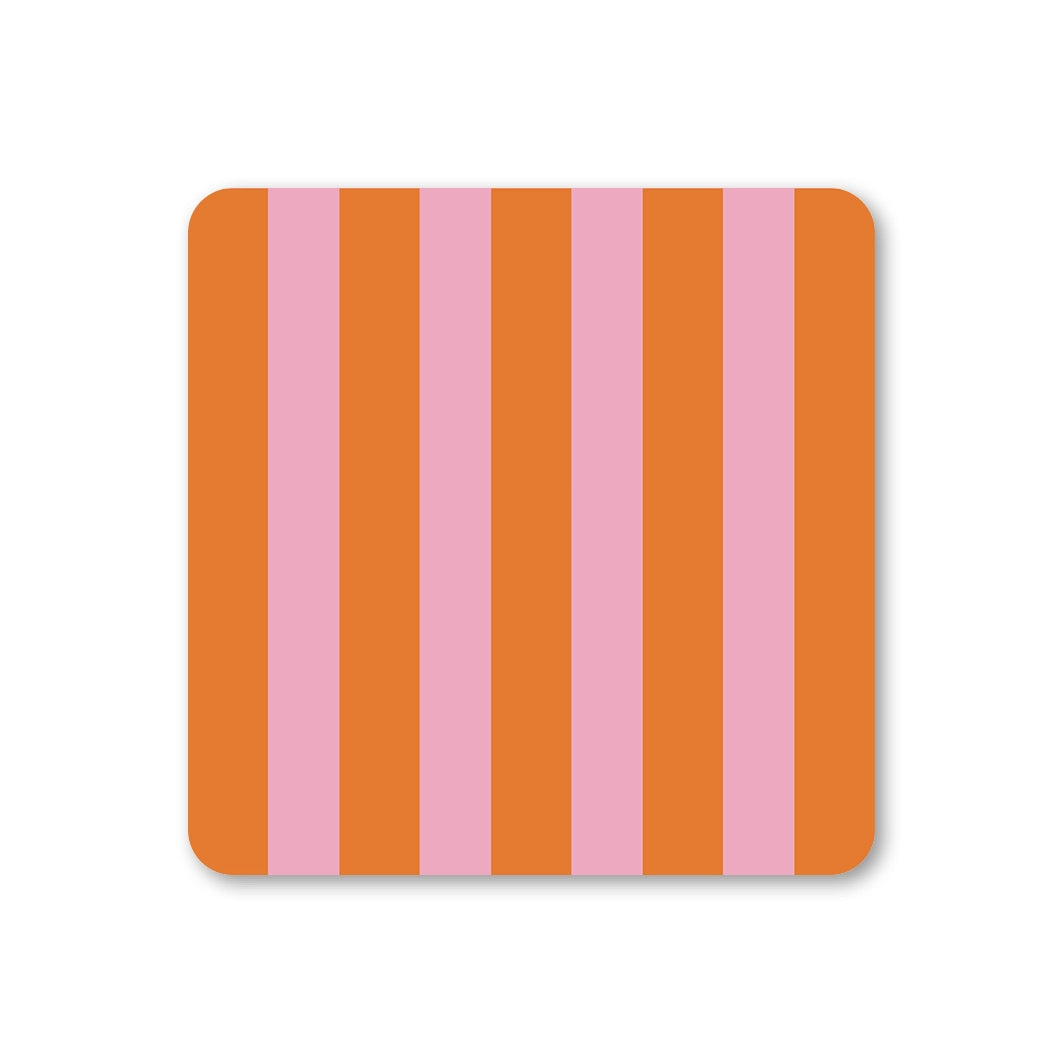 Square coaster with rounded corners featuring bold vertical stripes in bright orange and candy pink.