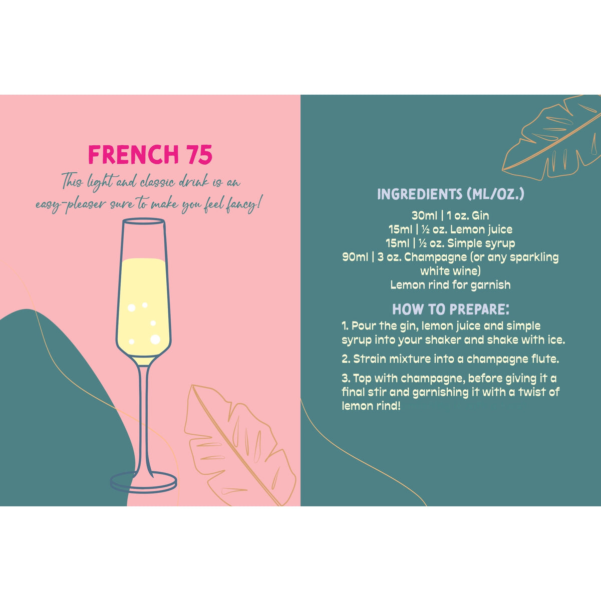 Inside Cocktails for Fab Aunties showing an illustrated French 75 cocktail recipe with ingredients and instructions.