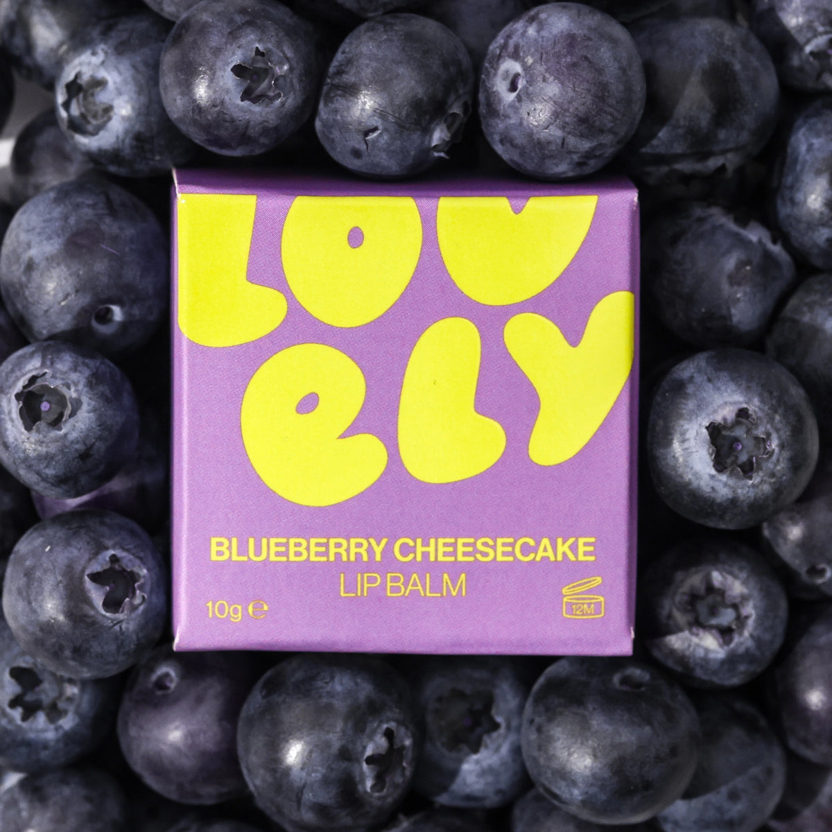 Blueberry Cheesecake Lip Balm in colourful purple packaging surrounded by fresh blueberries.