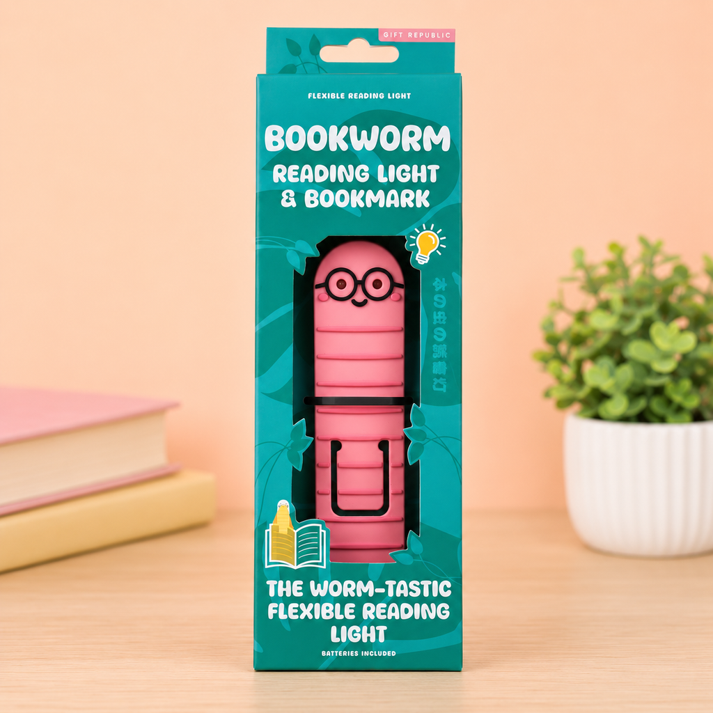 Pink bookworm reading light and bookmark in colourful Gift Republic packaging.
