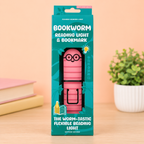 Pink bookworm reading light and bookmark in colourful Gift Republic packaging.
