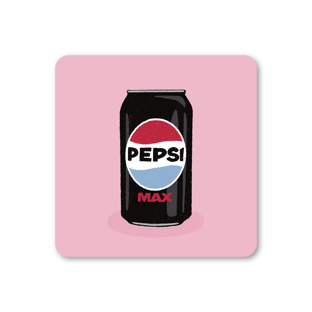 Pink square coaster with rounded corners featuring an illustrated black can of Pepsi Max.