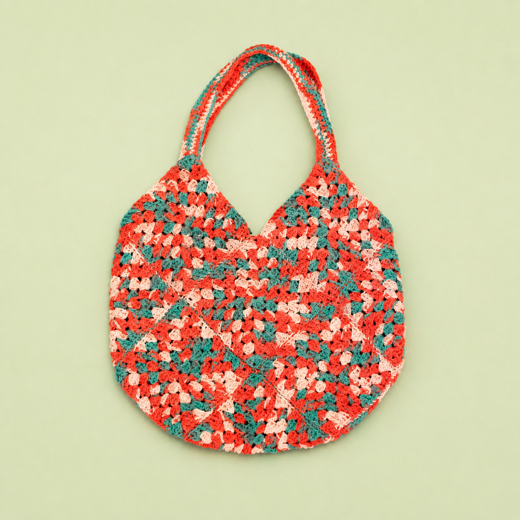 One of a kind handmade crochet bag in coral pink, blush and teal on a pale green background.