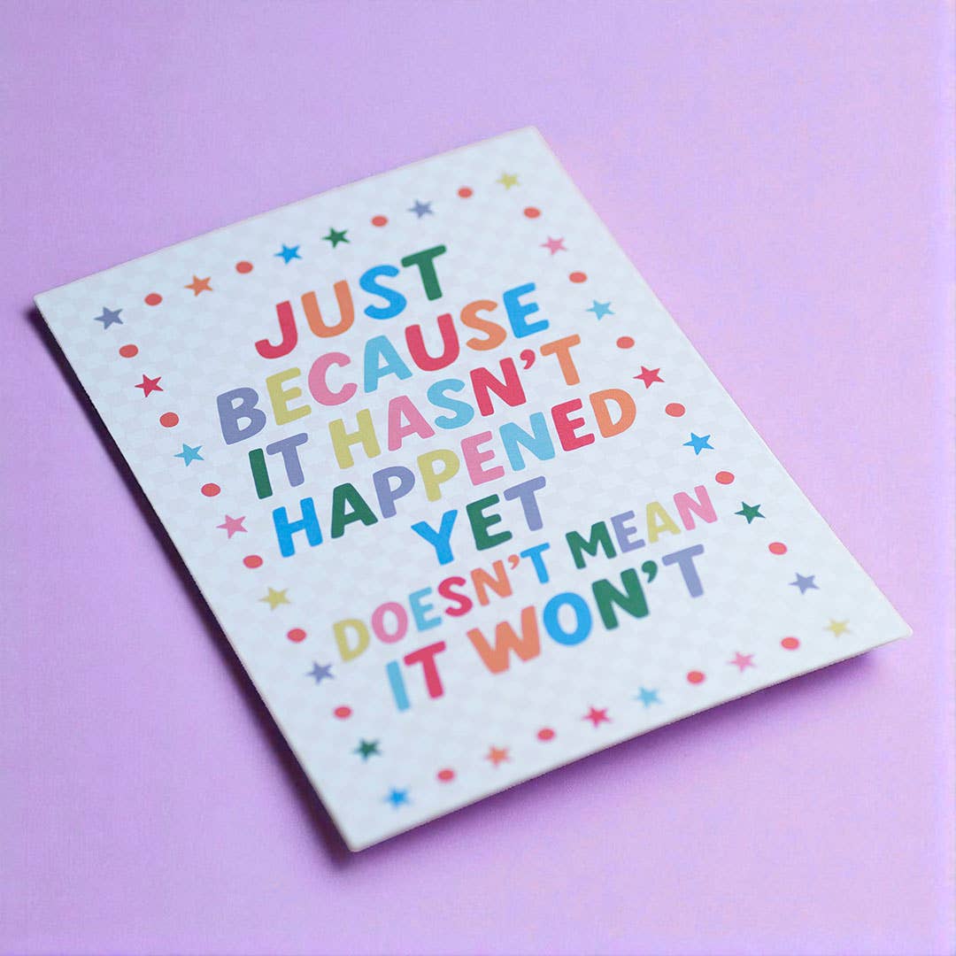 Colourful motivational A5 print with multicoloured lettering and cheerful star details on a soft lilac background.