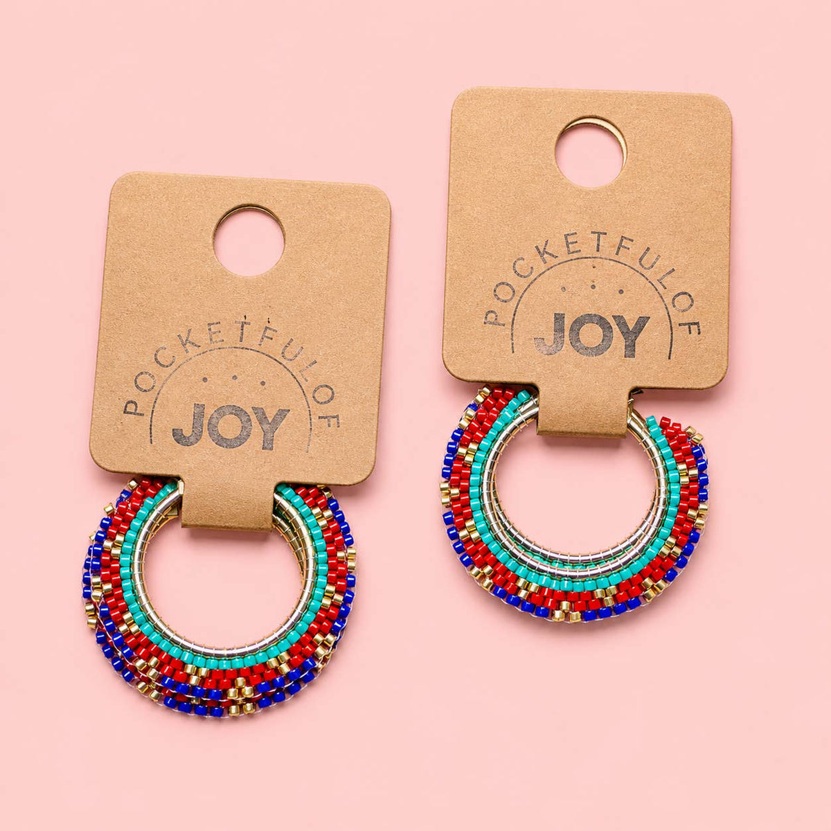 Pair of colourful striped beaded hoop earrings with red, turquoise, blue and gold glass bead detailing.