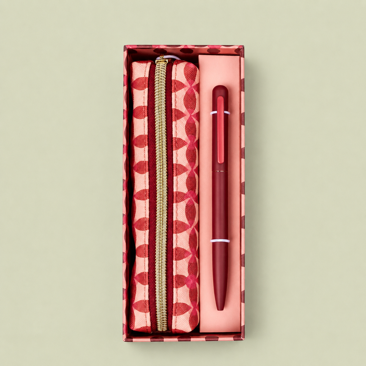 Pink vintage floral vegan leather pencil pouch with gold coloured zip and coordinating pink pen presented together in a gift box.