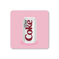 Pink square coaster with rounded corners featuring an illustrated silver can of Diet Coke.